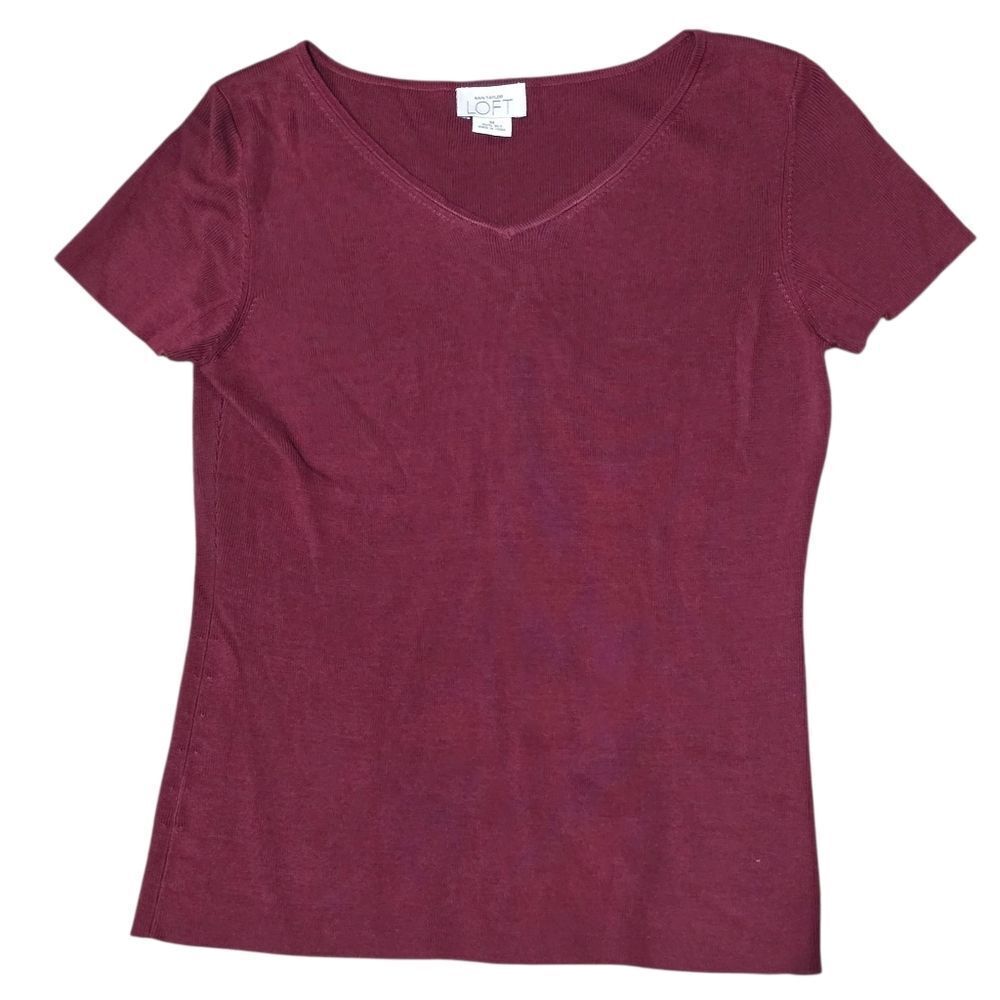 LOFT Women's Rich Maroon Silk Short Sleeve  Top